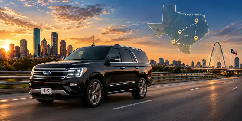 Black Ford Expedition driving along a Texas highway at sunset with a route map connecting Dallas, Austin, Houston, and San Antonio, representing executive intercity transportation.